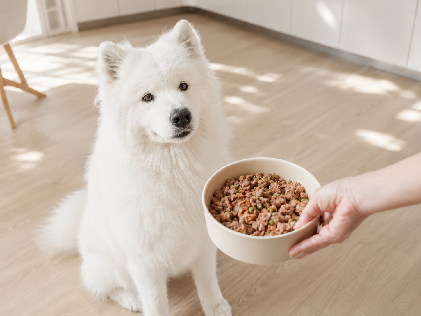 Perro recibiendo un bowl de comida casera bien balanceada