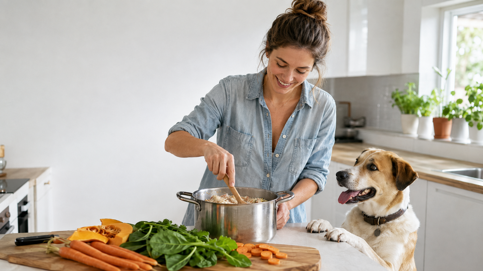 Mujer cocinando comida casera saludable para su perro en una cocina moderna